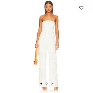 New Selmacilek Strapless Pocket Detailed Canvas Cargo Jumpsuit in Ecru, Size XS